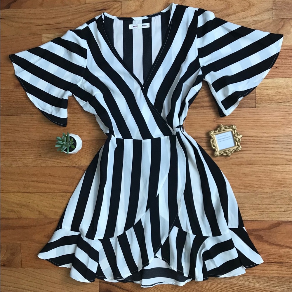 Black and white stripe wrap dress